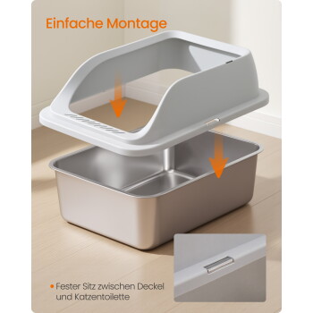 Zweiteilige Kunststoff-Katzentoilette mit abnehmbarem Oberteil und orangefarbenen Montagepfeilen; sichtbarer Text: „Einfache Montage“.