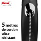 Laisse rétractable noire pour chien avec un cordon ultra-résistant de 5 mètres, présentant le logo Flexi au-dessus du texte en français.