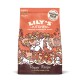 Lily's Kitchen Puppy Recipe dog food bag with colorful dog and flower illustrations, labeled "Grain Free Recipe" and "Proper Meat."