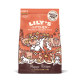 Lily's Kitchen Puppy Recipe dog food bag with colorful dog and flower illustrations, labeled "Grain Free Recipe" and "Proper Meat."