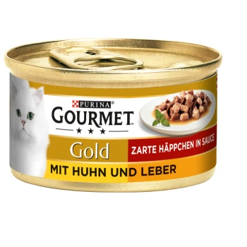 Eine Dose Purina Gourmet Gold Katzenfutter mit einer weißen Katze auf dem Etikett, mit dem Text "Zarte Häppchen in Sauce" und "Mit Huhn und Leber."