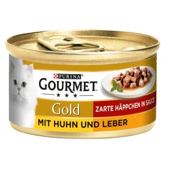 Eine Dose Purina Gourmet Gold Katzenfutter mit einer weißen Katze auf dem Etikett, mit dem Text "Zarte Häppchen in Sauce" und "Mit Huhn und Leber."
