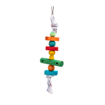 Buntes Holzspielzeug für Vögel mit verschiedenen Formen und einem Seil, entworfen für die Unterhaltung und Stimulation von Haustieren.