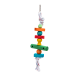 Buntes Holzspielzeug für Vögel mit verschiedenen Formen und einem Seil, entworfen für die Unterhaltung und Stimulation von Haustieren.