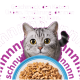 Grau-getigerte Katze mit gelben Augen über einer Futterschale vor lila Hintergrund; deutscher Text: 'Geschmack, den Katzen lieben.'
