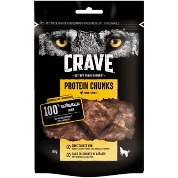 CRAVE Protein Chunks Hundeleckerlis Verpackung mit einem Wolf-Grafik, die "100% natürliche Huhn" und "ohne künstliche Farb- und Aromastoffe" zeigt.