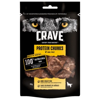 Emballage de friandises pour chiens CRAVE Protein Chunks avec un graphique de loup, mettant en avant "100% naturelle Huhn" et "sans colorants et arômes artificiels."
