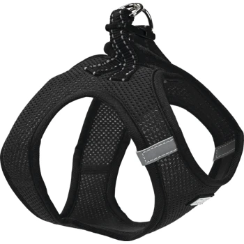 Mesh Vest black 24 cm, 28 cm Black mesh pet harness with adjustable straps and a metal D-ring for leash attachment, designed for comfort and breathability.