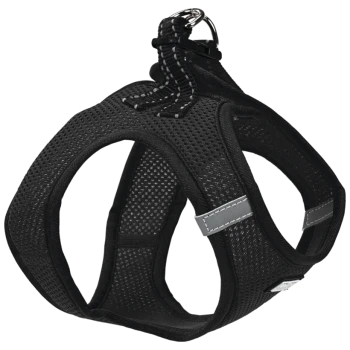 Harnais pour animaux de compagnie en maille noire avec des sangles réglables et un anneau en D en métal pour attacher la laisse, conçu pour le confort et la respirabilité.