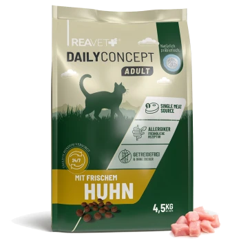 REAVET Daily Concept Adult Katzenfutterbeutel mit Katzensilhouette, „Mit frischem Huhn“, 4,5 kg, Trockenfutter und rohes Huhn