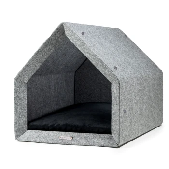 Pethome 2.0 hellgrau schwarz S Graues Filzhaustierhaus mit einem dreieckigen Dach und einem schwarzen Kissen innen, entworfen für kleine Haustiere.