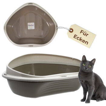 Eck-Katzentoilette (Taupe mit beigem Rand) und graue Katze, Anhänger mit der Aufschrift 'Für Ecken' und Innenetikett 'GarPet'.