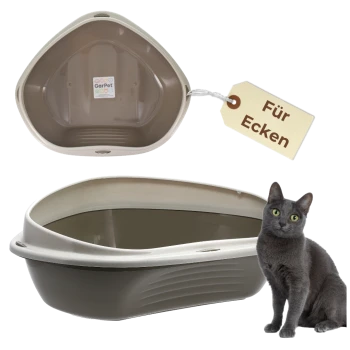 Eck-Katzentoilette (Taupe mit beigem Rand) und graue Katze, Anhänger mit der Aufschrift 'Für Ecken' und Innenetikett 'GarPet'.