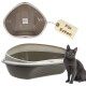 Eck-Katzentoilette (Taupe mit beigem Rand) und graue Katze, Anhänger mit der Aufschrift 'Für Ecken' und Innenetikett 'GarPet'.
