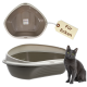 Eck-Katzentoilette (Taupe mit beigem Rand) und graue Katze, Anhänger mit der Aufschrift 'Für Ecken' und Innenetikett 'GarPet'.