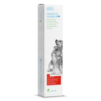 "Prebiotic Topinpur"-Tiernahrungsergänzungspackung zeigt einen Hund und eine Katze und betont natürliche Zutaten für die Verdauungsgesundheit.