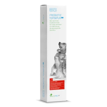 "Prebiotic Topinpur"-Tiernahrungsergänzungspackung zeigt einen Hund und eine Katze und betont natürliche Zutaten für die Verdauungsgesundheit.