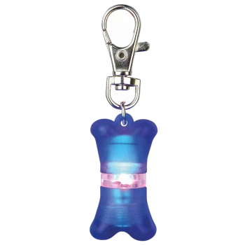 Ein blauer, knochenförmiger LED-Licht mit einem rosa Zentrum, befestigt an einem Metallclip für Haustierzubehör.