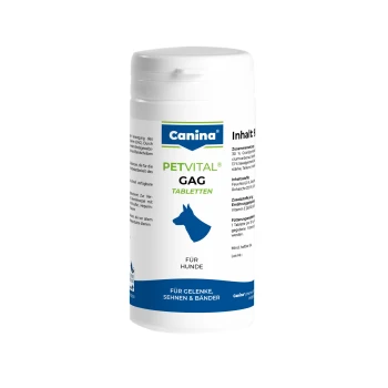 Weiße Canina PETVITAL GAG Tablettenflasche für Hunde, blaue Hundesilhouette; Etikett lautet 'Für Hunde' und 'Für Gelenke, Sehnen & Bänder'.