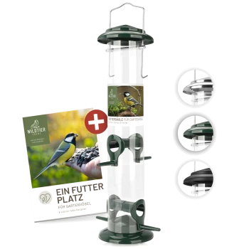 Ein Vogelhaus mit einem transparenten Rohr und grünen Akzenten, begleitet von einem Leitfaden mit dem Titel 'Ein Futter Platz für Gartenvögel.'