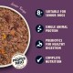 Bowl of senior dog food with text: Suitable for senior dogs 8+ years, single animal protein, prebiotics for digestion, complete nutrition.