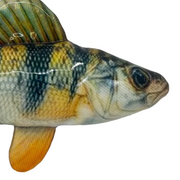 Close-up of a realistic plush perch cat toy with green and yellow stripes, orange fin and lifelike eye