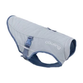 Kühlweste für Hunde in hellgrau mit einer blauen Schnalle und Netzdesign, mit dem Wort "cooling" auf der Seite gedruckt.