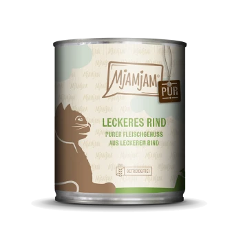 Katzenfutterdose mit einem Etikett, das "Mjamjam Leckeres Rind - purer Fleischgenuss aus leckerem Rind" liest, mit einer Katzensilhouette.