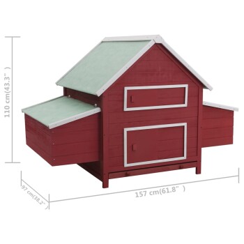 Rotes Holzhaustierhaus mit einem grünen geneigten Dach, mit zwei Schubladen an den Seiten und einer Vorderseite, Maße 110 cm x 157 cm x 97 cm.