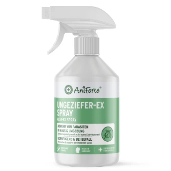 AniForte Ungeziefer-Ex Spray: weiße Sprühflasche mit grünem Etikett zur Bekämpfung von Ungeziefer/Parasiten.