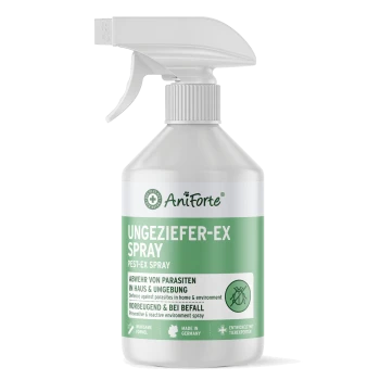 AniForte Ungeziefer-Ex Spray: weiße Sprühflasche mit grünem Etikett zur Bekämpfung von Ungeziefer/Parasiten.