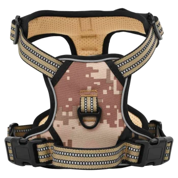 Ein hunde Geschirr mit Camouflage-Muster, das verstellbare Riemen und eine robuste Schnalle bietet, entworfen für Komfort und Sicherheit.