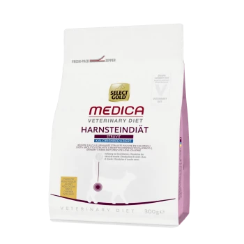 Sélectionnez la diète vétérinaire Gold Medica pour chats, sac de 300g, étiqueté pour la santé urinaire struvite, formule faible en calories.