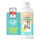 Flasche mit GreenHero Floh- und Zeckenshampoo für Haustiere, mit einer Illustration von Katze und Hund, mit einem "Sehr Gut"-Qualitätsbewertungsabzeichen.
