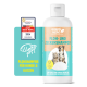 Flasche mit GreenHero Floh- und Zeckenshampoo für Haustiere, mit einer Illustration von Katze und Hund, mit einem "Sehr Gut"-Qualitätsbewertungsabzeichen.
