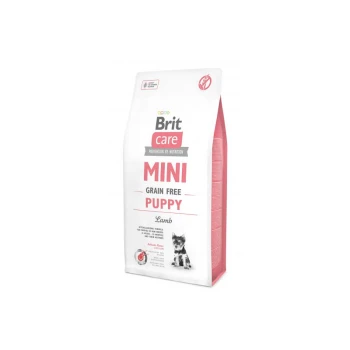 Torba karmy dla szczeniąt Brit Care Mini Grain Free z jagnięciną, z białym tłem i grafiką małego psa.