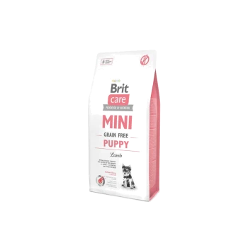 Torba karmy dla szczeniąt Brit Care Mini Grain Free z jagnięciną, z białym tłem i grafiką małego psa.