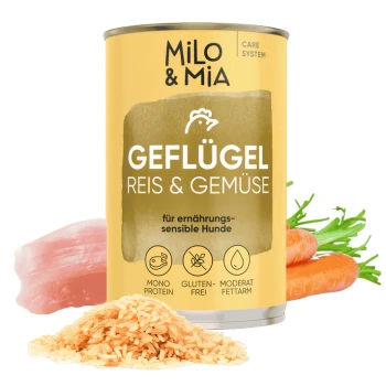 Dosen-Hundefutter mit der Aufschrift "Milo & Mia", das Huhn, Vollkornreis und Gemüse enthält. Behauptet, die Immunität, Verdauung sowie Haut und Fell zu unterstützen.