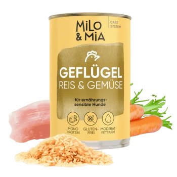 Dosen-Hundefutter mit der Aufschrift "Milo & Mia", das Huhn, Vollkornreis und Gemüse enthält. Behauptet, die Immunität, Verdauung sowie Haut und Fell zu unterstützen.