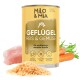 Dosen-Hundefutter mit der Aufschrift "Milo & Mia", das Huhn, Vollkornreis und Gemüse enthält. Behauptet, die Immunität, Verdauung sowie Haut und Fell zu unterstützen.