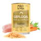 Dosen-Hundefutter mit der Aufschrift "Milo & Mia", das Huhn, Vollkornreis und Gemüse enthält. Behauptet, die Immunität, Verdauung sowie Haut und Fell zu unterstützen.