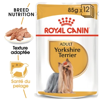 Emballage de nourriture pour chien Royal Canin Adult Yorkshire Terrier, présentant une image de Yorkshire Terrier, avec un texte mettant en avant la nutrition de la race et la santé du pelage.