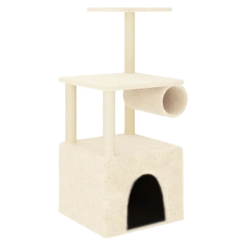 Ein beiger Kratzbaum für Katzen mit zwei Plattformen, einem Tunnel und einem gemütlichen Versteck an der Basis, entworfen für das Spielen und Entspannen von Katzen.
