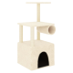 Ein beiger Kratzbaum für Katzen mit zwei Plattformen, einem Tunnel und einem gemütlichen Versteck an der Basis, entworfen für das Spielen und Entspannen von Katzen.