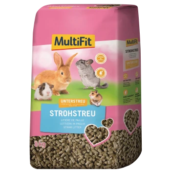 Eine rosa Tüte MultiFit Strohstreu für kleine Haustiere, mit einem Kaninchen, Chinchilla, Meerschweinchen und Hamster, beschriftet mit "STROHSTREU" und "8 kg."