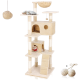 Ein beiger mehrstöckiger Katzenbaum mit zwei ruhenden Katzen, eine auf einer oberen Plattform und eine andere, die aus einem gemütlichen Versteck schaut. Enthält hängende Spielzeuge.