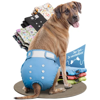 Bunte Haustierwindeln in Blau, Rot und Grün, beschriftet mit "3er SET" und "DEUTSCHE MARKE."