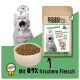 DOGS'n TIGER Katzenfutter 'WIESENDUO' (Kaninchen & Pute), gähnende graue Katze, Futterschale, Schriftzug 'Mit 69% frischem Fleisch'