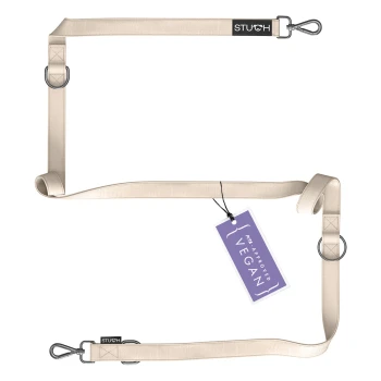 Beige Haustierleine mit Metallclips und Ringen, mit einem Etikett, das 'Haustiergenehmigt Vegan' liest.