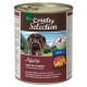 Dosenfutter für Hunde mit der Aufschrift "Country Selection" mit einem Hund auf der Vorderseite, mit Alpenrind und Truthahn, Emmentaler Käse und Kürbis.
